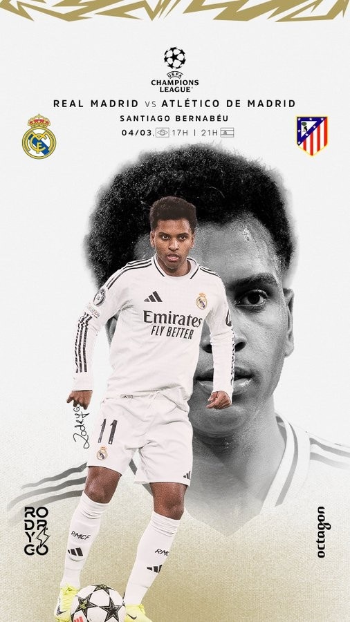歐冠馬德里德比！羅德里戈曬個(gè)人海報(bào)：伯納烏見，HALA MADRID