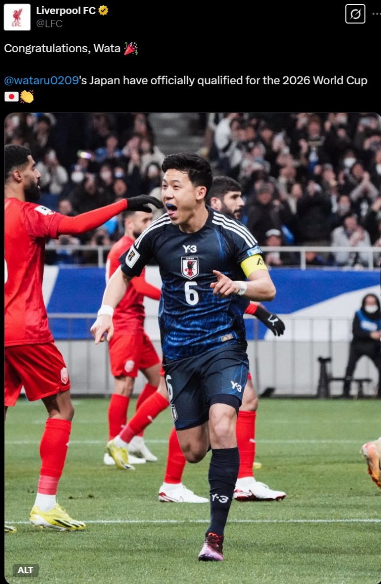 利物浦官推曬遠藤航照片，祝賀其隨日本隊提前晉級世界杯